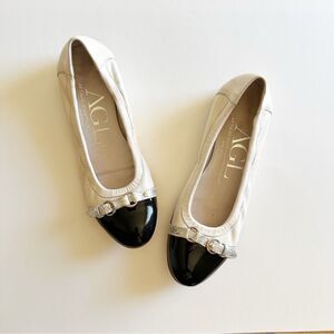 AGL White Leather Black Patient Leather Cap toe Monika ballet flat